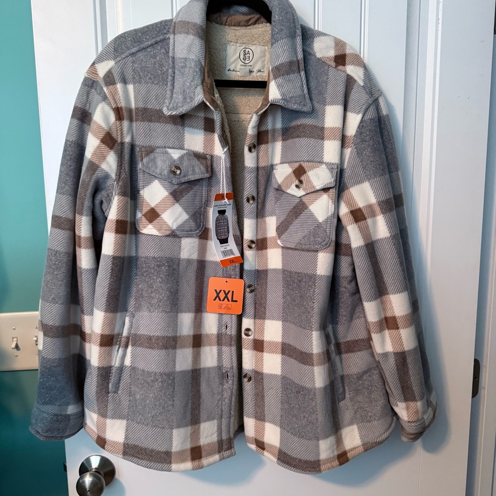 New Women's Plaid Utility Jacket Sherpa Lined super thick & warm Gray/Brown XXL